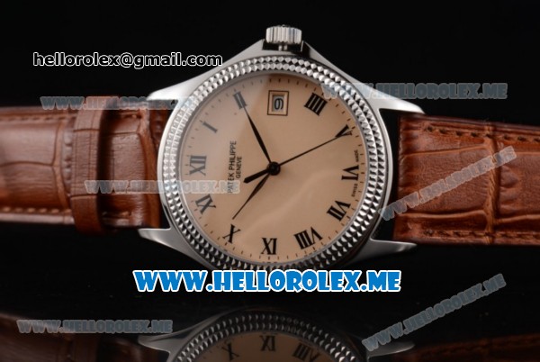 Patek Philippe Calatrava Miyota 9015 Automatic Steel Case with Rose Gold Dial Brown Leather Strap and Roman Numeral Markers - Click Image to Close